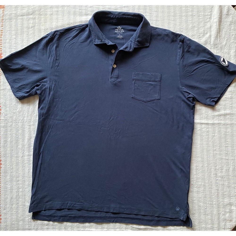 Peter Millar Seaside Wash Polo Shirt Mens Large Navy Blue Cotton Stretch Pocket